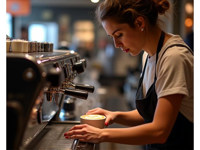 A barista creating latte art behind the counter at Hearth & Kettle.