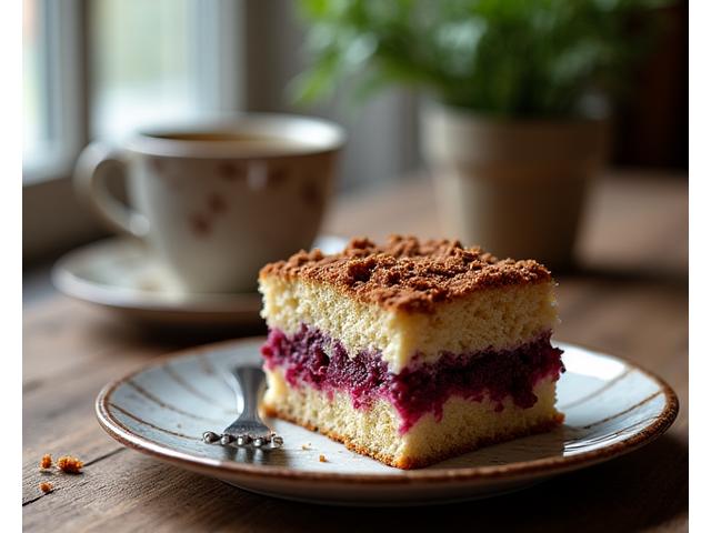 A delicious slice of cake on a plate next to a cup of coffee.