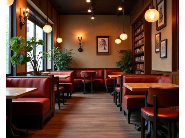 Cozy interior of Hearth & Kettle cafe with warm lighting and comfortable seating