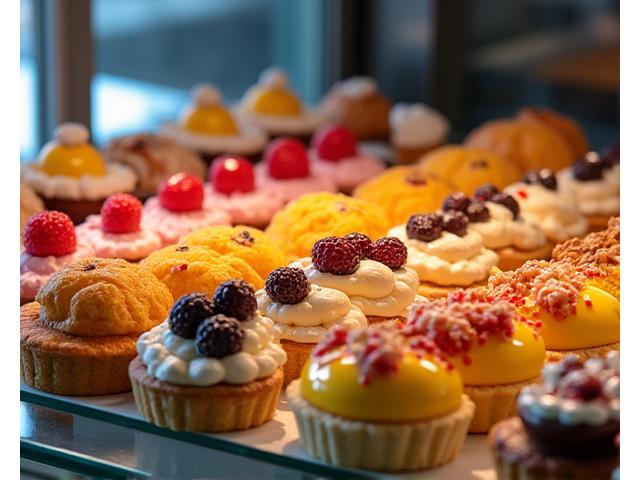 A vibrant display of freshly baked pastries and cakes in a cafe glass case.