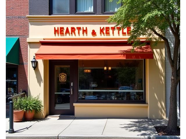 Exterior view of Hearth & Kettle cafe storefront with inviting entrance.