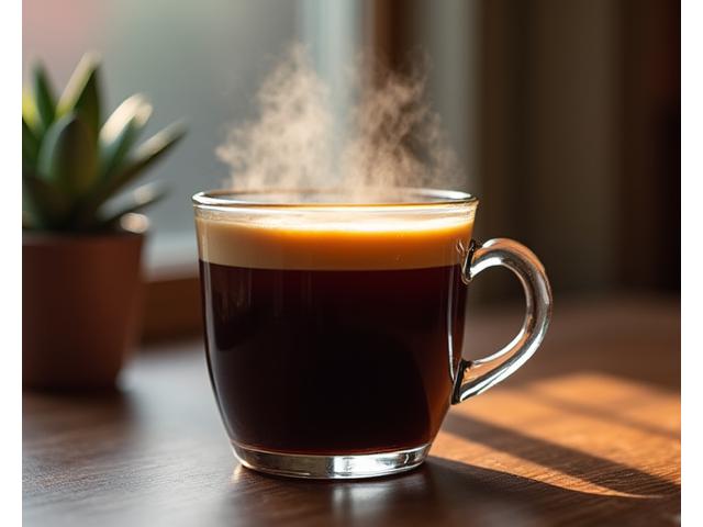 Steaming hot Americano coffee with a dark crema