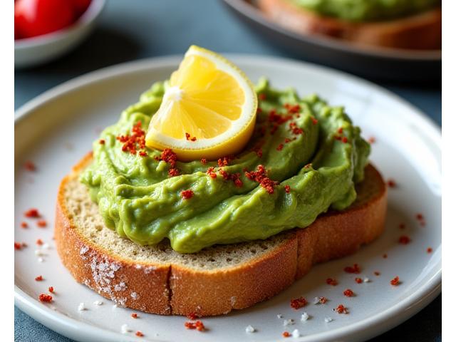 Artfully plated avocado toast on sourdough bread with chili flakes