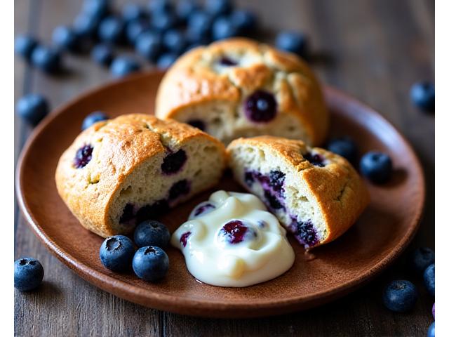 Blueberry scone served with clotted cream and jam