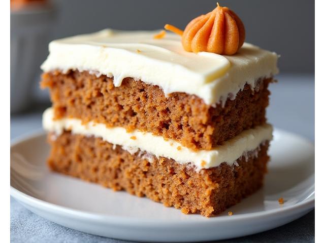 Slice of homemade carrot cake with thick cream cheese frosting