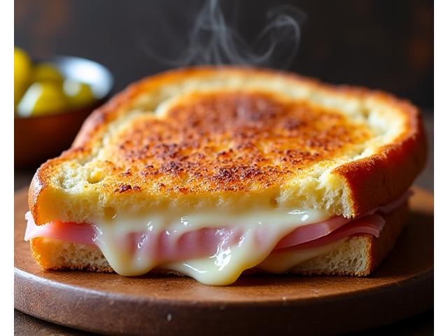 Golden brown ham and cheese toastie cut in half, revealing gooey cheese