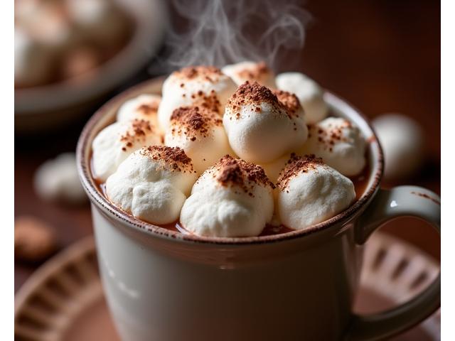 Steaming hot chocolate with marshmallows and chocolate drizzle in a mug