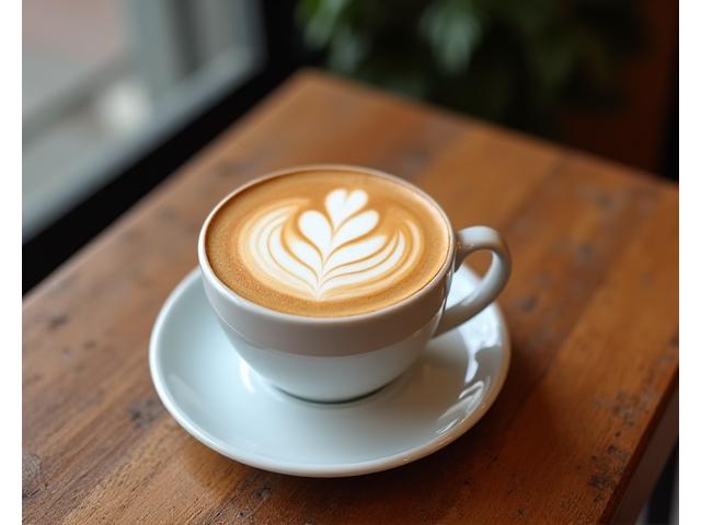 Latte art in a white ceramic cup on a wooden table, showing a heart shape