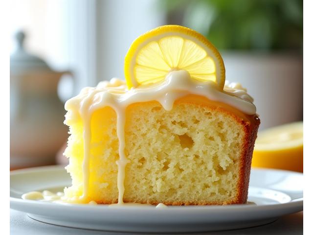 Zesty lemon drizzle cake slice on a white plate with lemon zest