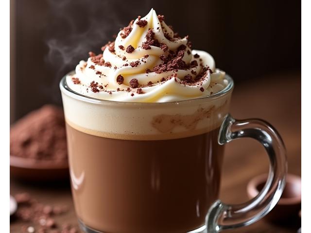 Mocha coffee topped with whipped cream and chocolate shavings