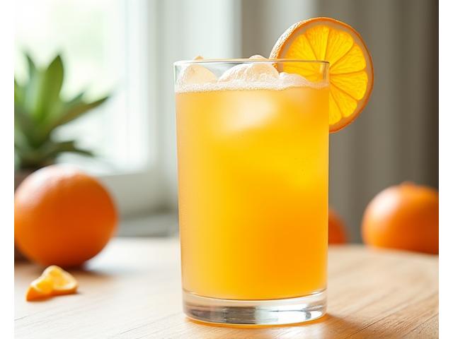 Glass of freshly squeezed orange juice with orange slices